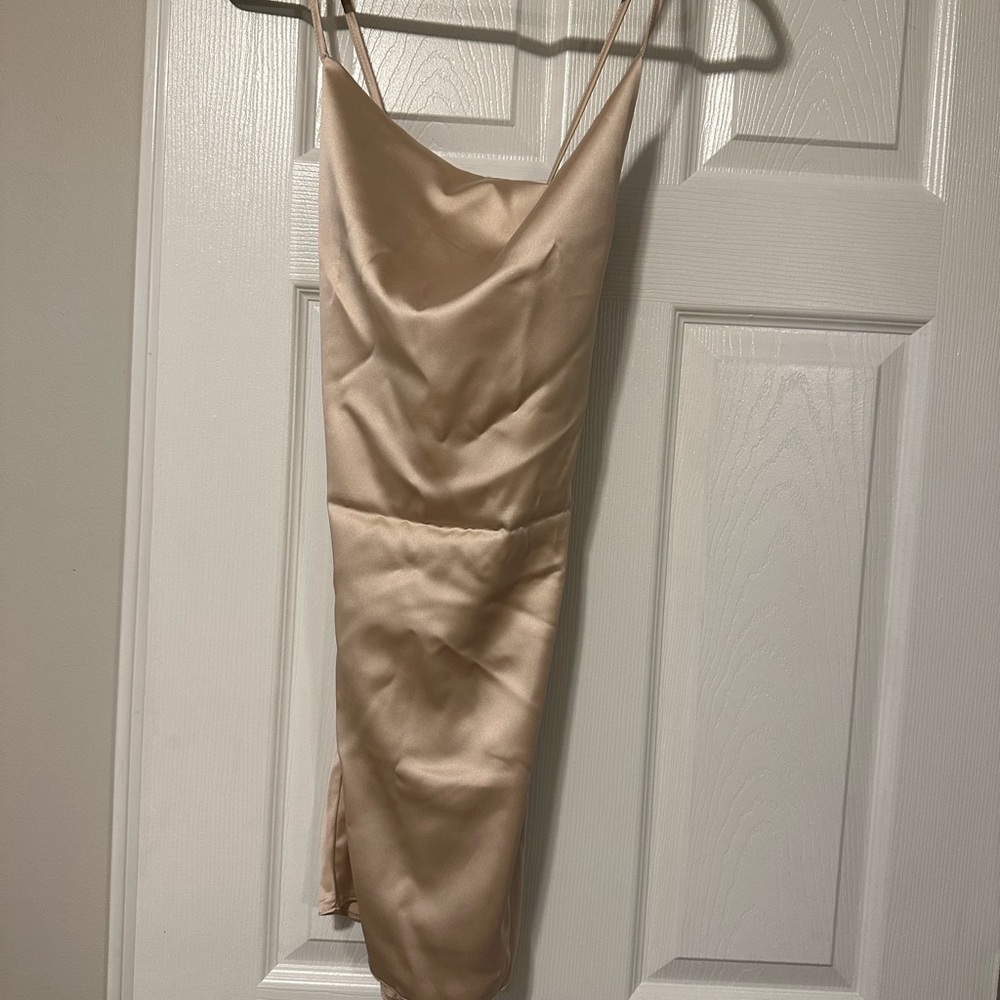 Champagne Satin Cowl Neck Cross Strap Shift Dress
